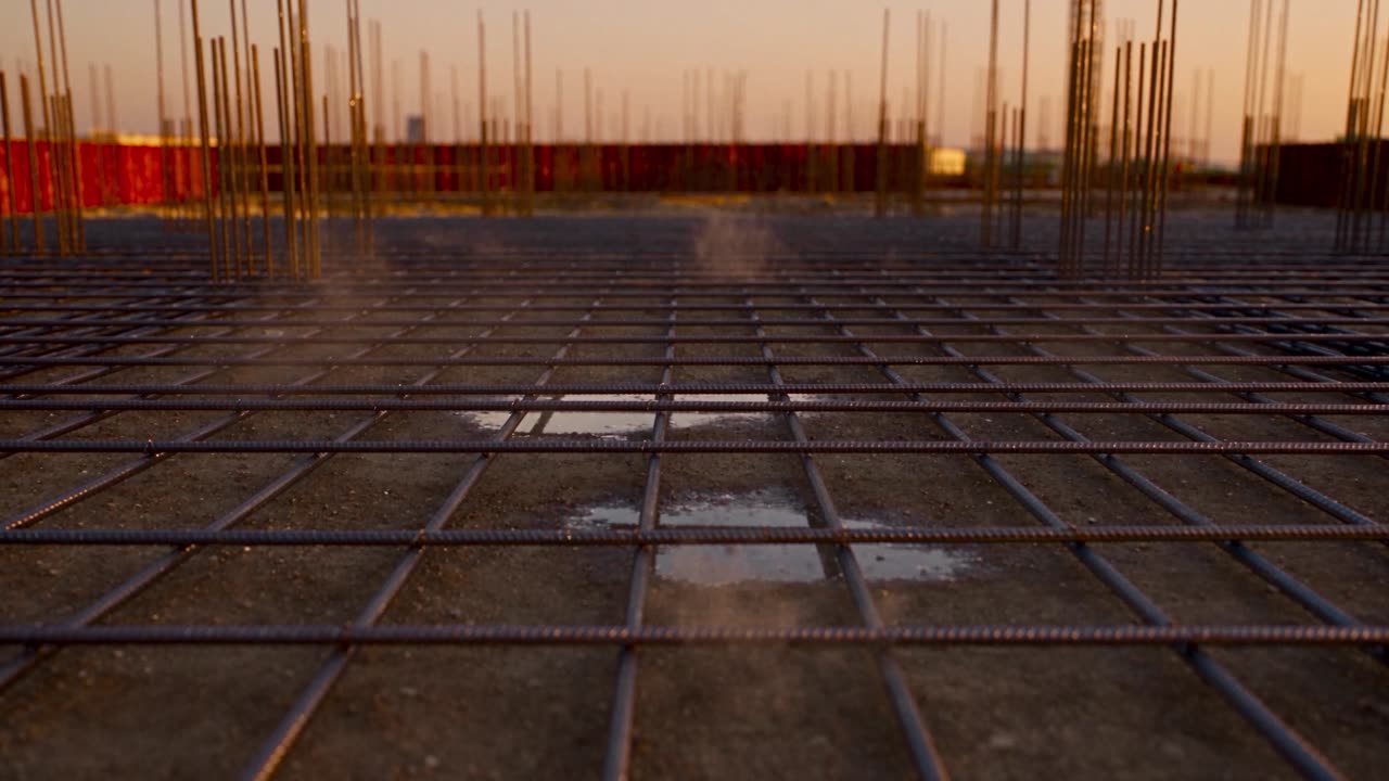 Rebar grid at golden hour construction site