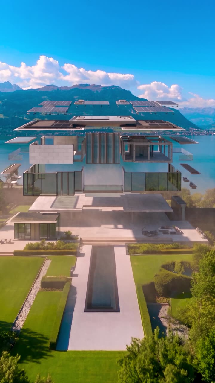 Exploded architectural view of a lakeside villa